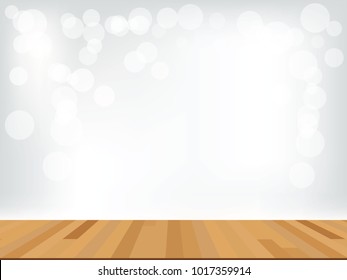 Wood table top on white bokeh abstract background and used for montage or display products. Vector illustration.
