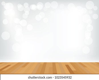 Wood table top on white bokeh abstract background and used for montage or display products. Vector illustration.
