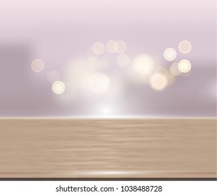  Wood table top on white blurred abstract background from building hallway - can be used for display or montage your products Vector illustration