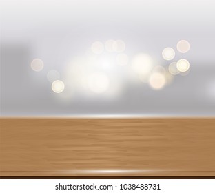  Wood table top on white blurred abstract background from building hallway - can be used for display or montage your products Vector illustration