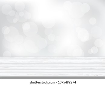 Wood table top on white blurred abstract background from building hallway - can be used for display or montage your products ,vector illustration