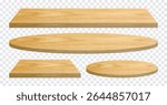 Wood Table Top Set – Realistic 3D Round and Rectangle Wooden Surface for Product Display or Interior Design, Isolated on Transparent Background. Vector.