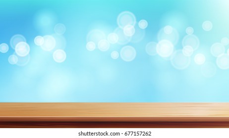 Wood Table Top Vector. Abstract Morning Sunlight. Bokeh Background With Vintage Filter. Blurred Warm Bokeh Background For Advertising Your Product On Display.