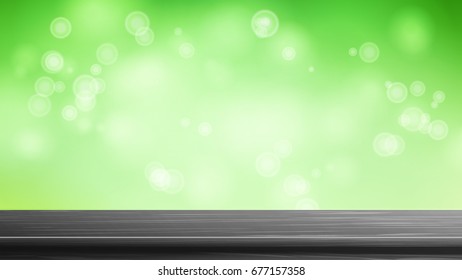 Wood Table Top Vector. Abstract Morning Sunlight. Close Up Top Wooden Table. Abstract Lights On Gold Bokeh Blurred Background. For Product Montage Display. 