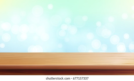Wood Table Top Vector. Blue Bokeh Background. Empty Smooth Wooden Deck Table. Abstract Lights On Gold Bokeh Blurred Background. Good For Display, Montage Your Products. 