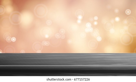 Wood Table Top Vector. Brown Bokeh Abstract Background. Close Up Top Wooden Table. Blurred Warm Bokeh Background. For Product Montage Display.