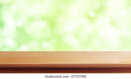 Wood Table Top Vector. Brown Bokeh Abstract Natural Background. Abstract Warm Blur And Bokeh Background. Decoration Of Desk And Green Space.