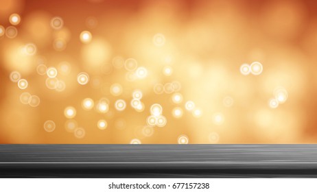 Wood Table Top Vector. Orange, Autumn, Yellow Bokeh Background. Empty Wooden Deck Table. Abstract Lights On Gold Bokeh Blurred Background. For Advertising Your Product On Display.