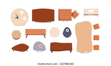 Wood tables designs, above top view. Modern trendy dining furniture, desks, chairs overhead, different round and irregular shapes, sizes. Flat vector illustrations isolated on white background