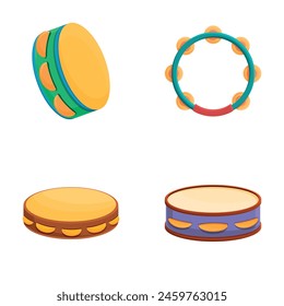 Wood tambourine icons set cartoon vector. Tambourine of various style and color. Percussion musical instrument