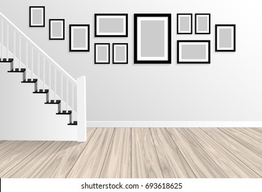 Wood Terrace,staircase With White Wall And Photo Frame