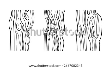 Wood texture abstract sketch on isolated background. Natural linear drawing with wooden saw cut, lumber moldings birch, ash, oak, forest trees. Vector illustration for design, decor, construction, eco