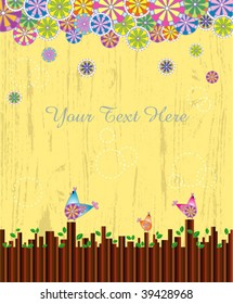 wood texture background and colorful shape at top, bird, tree, leaf at bottom