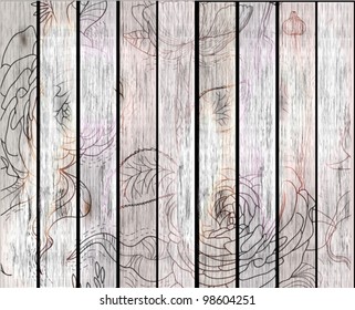 wood texture background with flowers,vector illustration