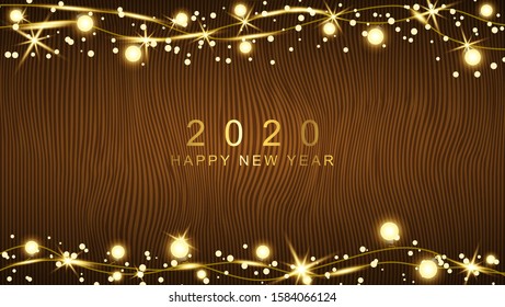 Wood texture background for the new year 2020. with glowing lights and sparkling gold. Vector illustration eps 10