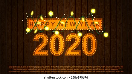 Wood texture background for the new year 2020. with luminous lights. Vector illustration eps 10