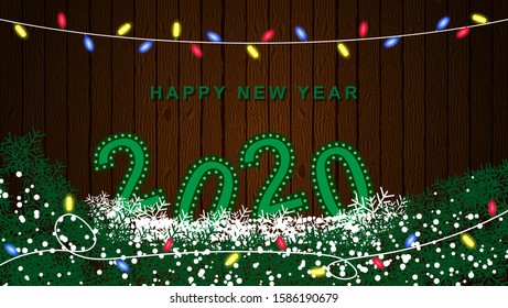 Wood texture background for the new year 2020. with luminous lights. Vector illustration eps 10