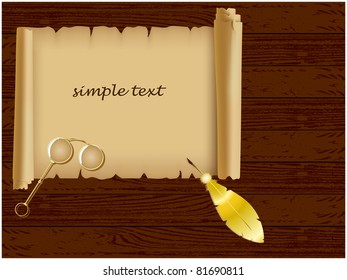 Wood texture background with on it unfolded the parchment, spectacles and gold feather