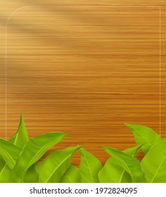 Wood texture background scene with realistic light and shadow leaves in front of the wood grain. Used for presenting mock up products, displaying cosmetic products.