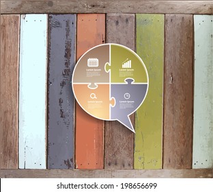 Wood texture background, With speech bubble of business icons jigsaw puzzle pieces, Modern design template banner workflow layout, diagram, step up options, Vector illustration