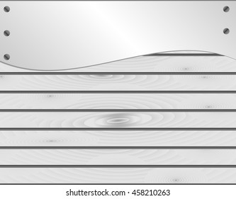 Wood texture background of white boards with nails on the metal surface. Realistic vector illustration. 
