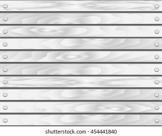 Wood texture background of white painted boards with nails. Realistic vector illustration. 