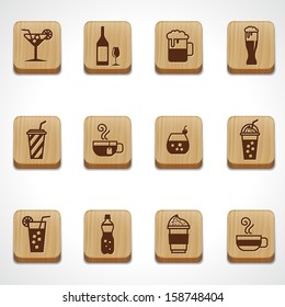 wood texture button beverage and drink icons set 