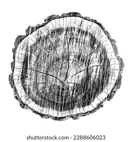 Wood texture cross section of tree rings. Cut slice of wooden stump isolated on white. Textured surface with rings and cracks. Black background made of hardwood from the forest. Vector illustration.