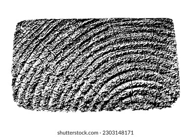 Sobrecarga de madera perturbada texturada. Los anillos de los árboles de sección transversal cortan la rebanada.  Textura negra granulada sobre fondo blanco. Elementos de diseño gruesos. Ilustración del vector, EPS 10.
