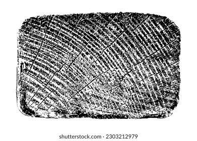 Sobrecarga de madera perturbada texturada. Los anillos de los árboles de sección transversal cortan la rebanada.  Textura negra granulada sobre fondo blanco. Elementos de diseño gruesos. Ilustración del vector, EPS 10.