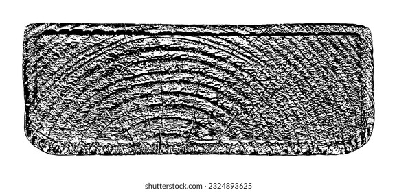 Sobrecarga de madera perturbada texturada. Los anillos de los árboles de sección transversal cortan la rebanada.  Textura negra granulada sobre fondo blanco. Elementos de diseño gruesos. Ilustración del vector, EPS 10.