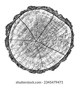 Wood texture cross section of tree rings. Cut slice of wooden stump isolated on white. Textured surface with rings and cracks. Black background made of hardwood from the forest. Vector illustration.