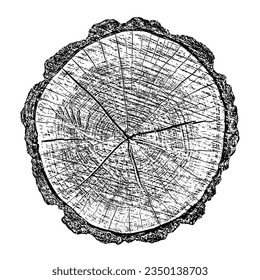 Wood texture cross section of tree rings. Cut slice of wooden stump isolated on white. Textured surface with rings and cracks. Black background made of hardwood from the forest. Vector illustration.