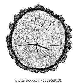 Wood texture cross section of tree rings. Cut slice of wooden stump isolated on white. Textured surface with rings and cracks. Black background made of hardwood from the forest. Vector illustration.