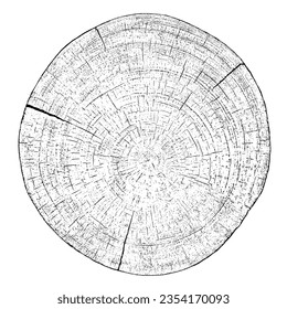 Wood texture cross section of tree rings. Cut slice of wooden stump isolated on white. Textured surface with rings and cracks. Black background made of hardwood from the forest. Vector illustration.