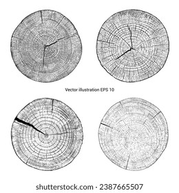 Satz von bedrückter Holzstruktur auf weißem Hintergrund. Schnittbaumringe schneiden Scheiben. Rundhölzernes Design. Vektorgrafik, EPS10.