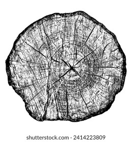 Sección transversal de textura de madera de los anillos de árbol. Cortar trozos de trozo de madera aislados en blanco. Superficie texturada con anillos y grietas. Fondo negro hecho de madera dura del bosque. Ilustración vectorial.