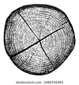 Wood texture cross section of tree rings. Cut slice of wooden stump isolated on white. Textured surface with rings and cracks. Black background made of hardwood from the forest. Vector. EPS 10.