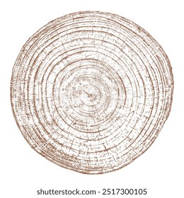 Textura de madera sección transversal de anillos de árbol. Corte la rebanada de tocón de madera aislado en blanco. Superficie texturizada con anillos y grietas. Fondo marrón hecho de madera dura del bosque. Vector, EPS 10.