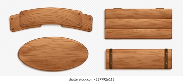 Wood texture game sign board vector realistic banner set. Isolated rustic farm ui icon interface design. Empty signboard plaque template with nail, collection for menu or message. Brown oval signage