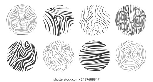 Wood texture material doodle hand drawn line. Tree trunk geometric curve and wave contour. Rings and circles. 