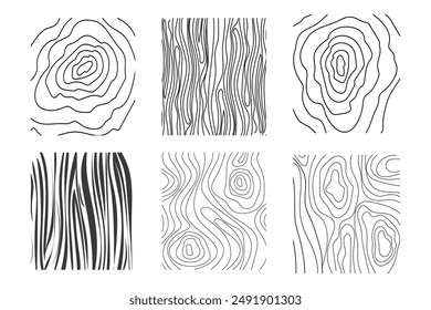 Wood texture material doodle hand drawn line. Tree trunk geometric curve and wave contour. Rings and circles. 