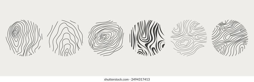 Wood texture material doodle hand drawn line. Tree trunk geometric curve and wave contour. Rings and circles. 