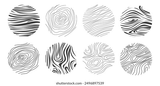 Material de textura de madera doodle dibujado a mano línea. Curva geométrica del tronco del árbol y contorno de la onda. Anillos y círculos. 