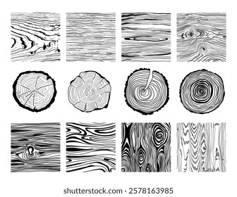 Wood texture material surface, round timber structure design elements isolated black-and-white set. Square shaped hardwood plank pattern natural prints and circular sawlog ring vector illustration