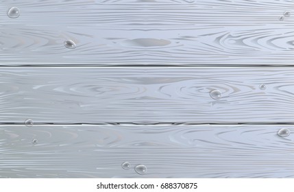 Wood texture pattern with water drops. Grey wooden board Vector illustration. Wooden background. Top view wooden table rain drops. Empty Hardwood light gray furniture decor for trendy graphic design.