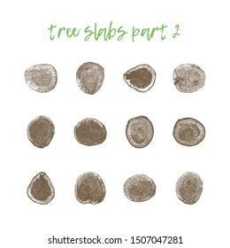 Wood texture realistic vector shapes with annual rings and bark. Tree rings clipart. Collection of design elements isolated on white background.