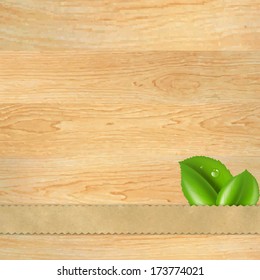 Wood Texture With Ribbon And Leaf, With Gradient Mesh, Vector Illustration