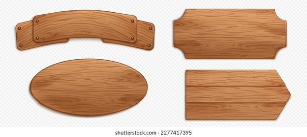 Wood texture sign board vector realistic banner set. Isolated rustic farm or saloon frame design. Empty signboard plaque template with nail, collection for menu or message. Brown oval signage - Shutterstock ID 2277417395