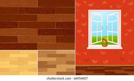 wood texture swatches for a home interior with window